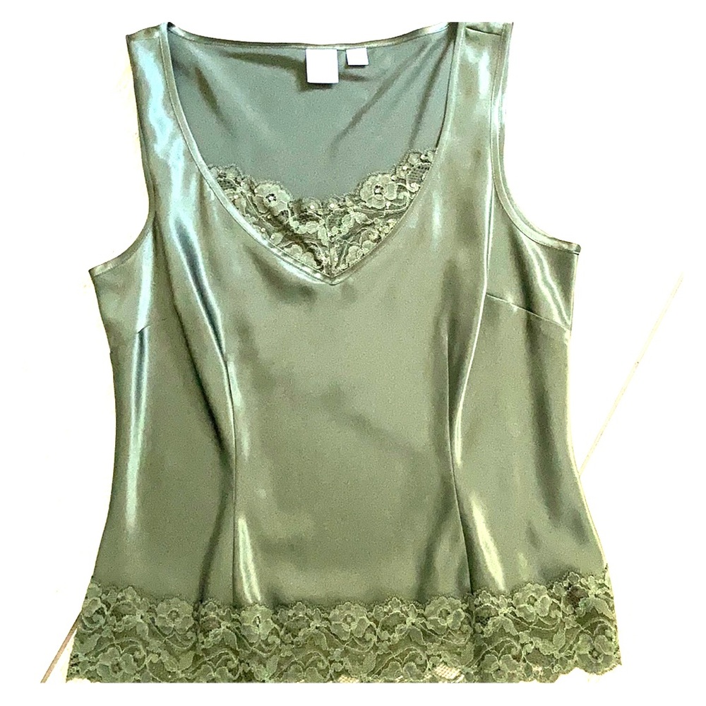 Caslon silk camisole with lace trim in olive green